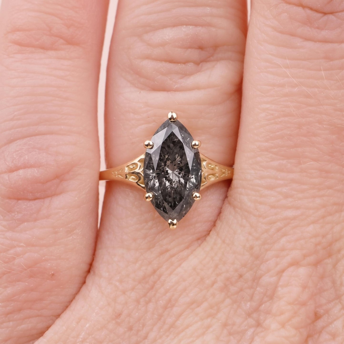 Salt and Pepper Black Diamond Engagement Ring for Women | Marquise cut Solitaire Ring | Vintage Gold Jewelry