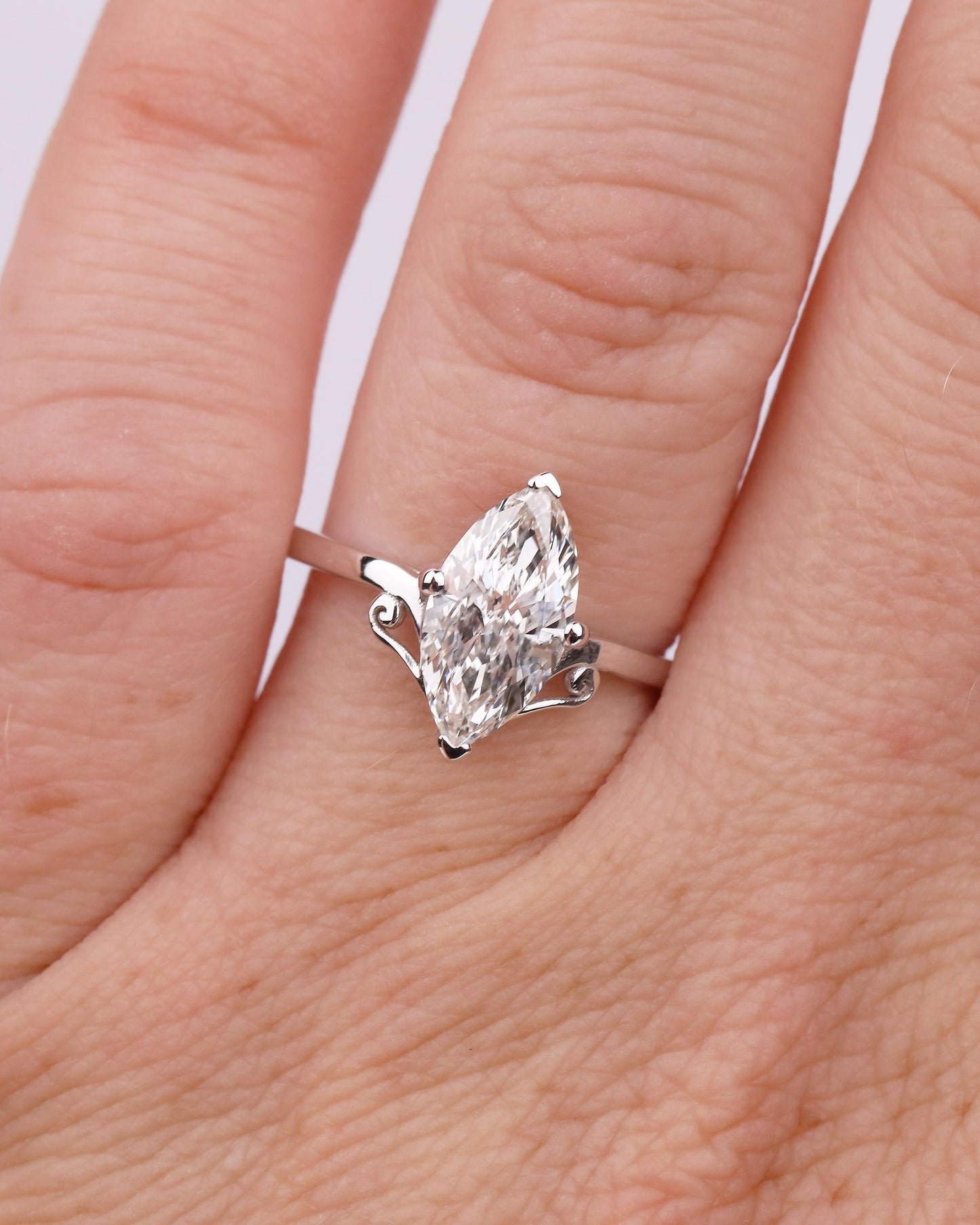 IGI Certified Lab Diamond Marquise Ring, Vintage Scroll Design, Art Deco 18k White Gold Engagement Ring, Unique Personalized Bridal Jewelry
