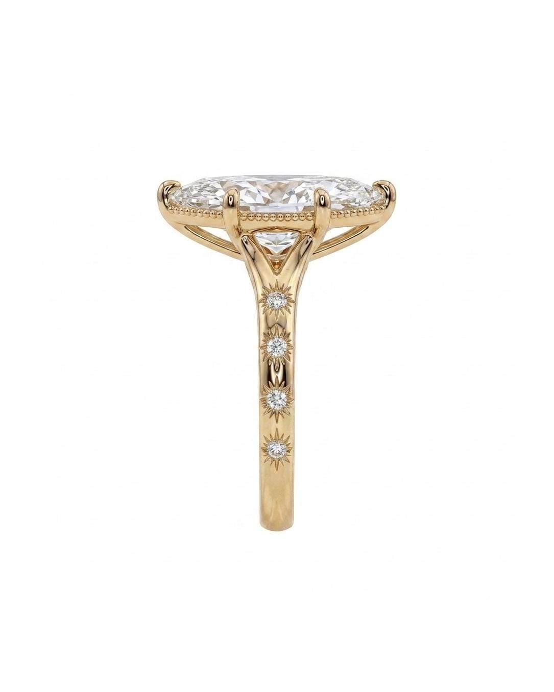 Marquise Cut Lab Grown Diamond Engagement Ring, Milgrain 14k Yellow Gold Promise Ring for Her, Starburst Accent, Split Shank Wedding Rings