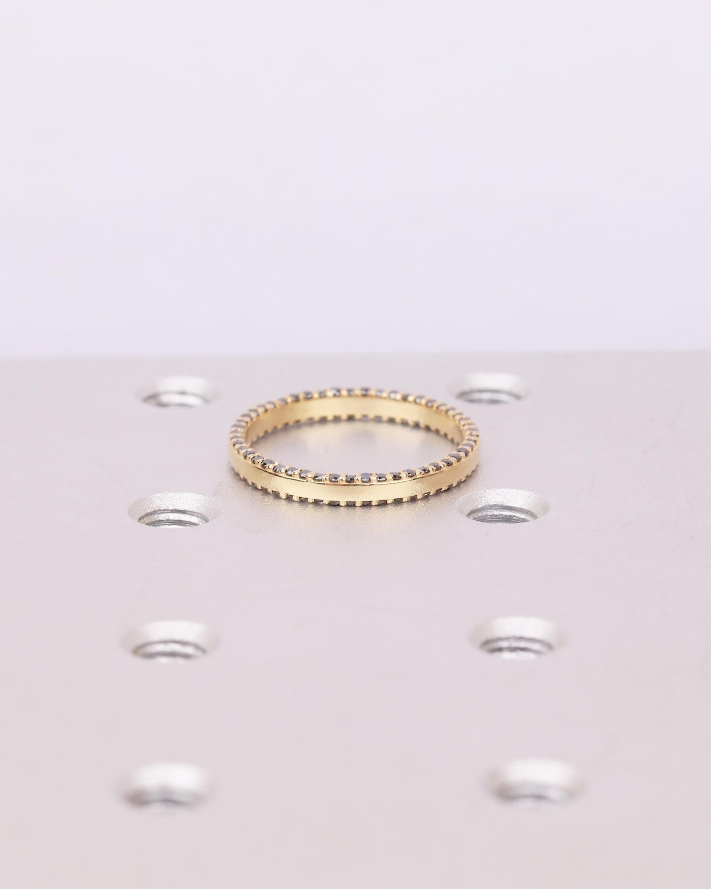 18k Solid Gold Wedding Band, Pave Round Black Diamond Double Row Eternity Band, Unique Stackable Rings for Women, Art Deco Anniversary Ring