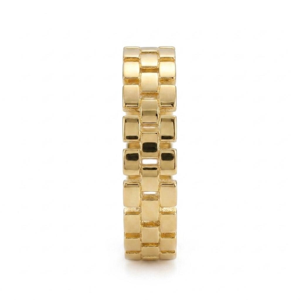 Gold Watch Link Ring, Thick Brick Pattern Band, Chunky Gold Wedding Band, Unisex Statement Ring Modern Geometric Stackable Ring Gift for Her