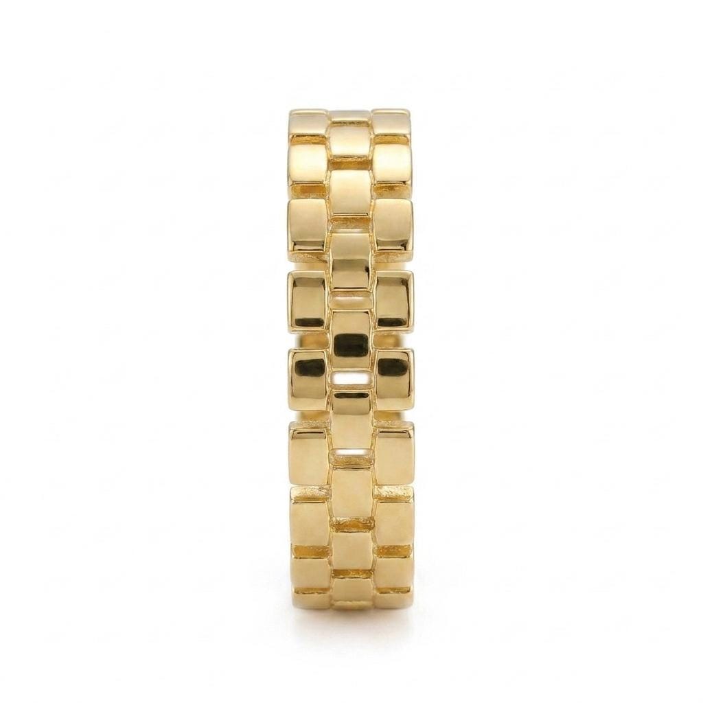 Chunky Gold Brick Link Ring, Minimalist Luxury Band, Modern Stackable Ring, Geometric Gold Ring, Alternative Wedding Band, Fine Jewelry