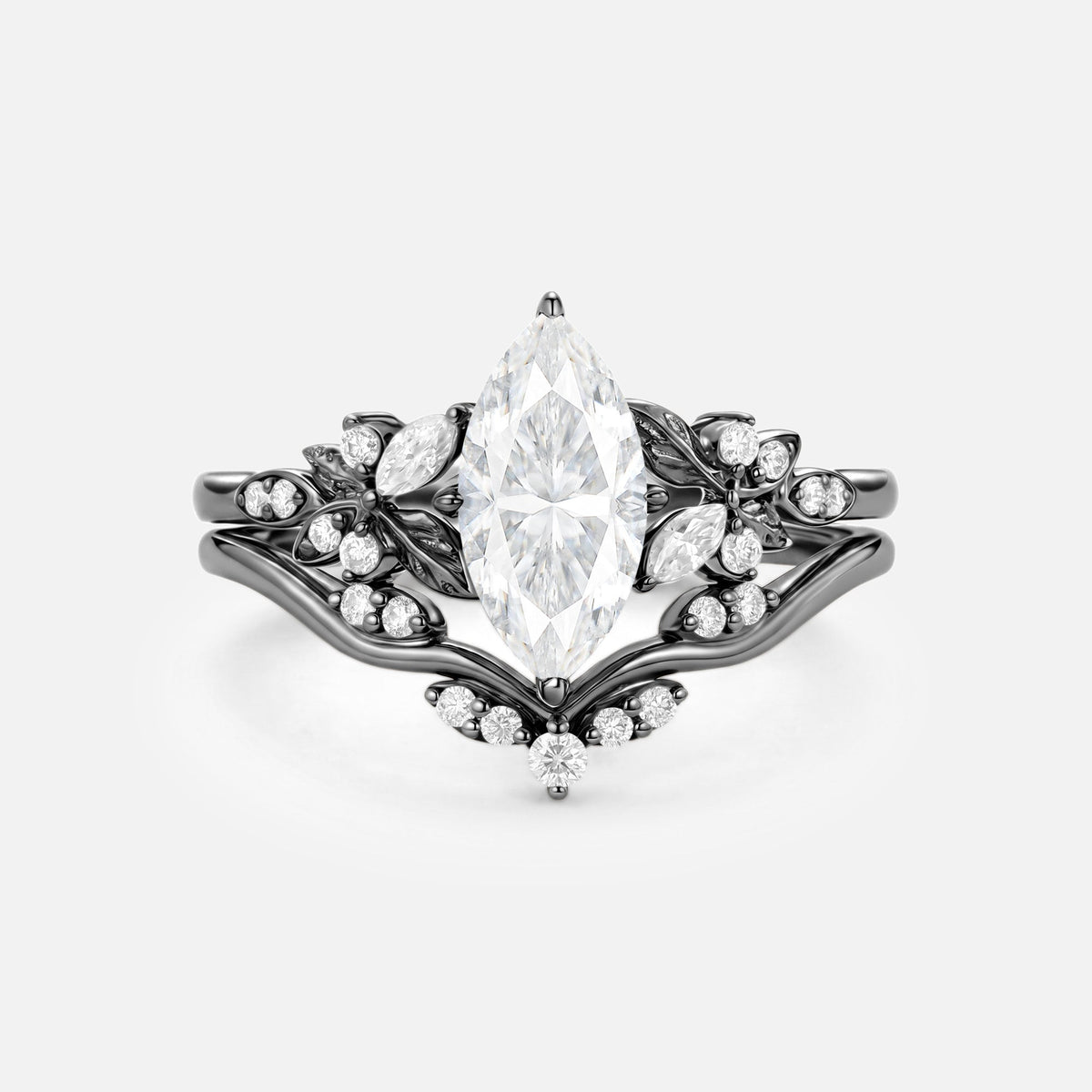 Marquise Cut Moissanite Leafy Dainty Engagement Ring Sets 2pcs - Peony