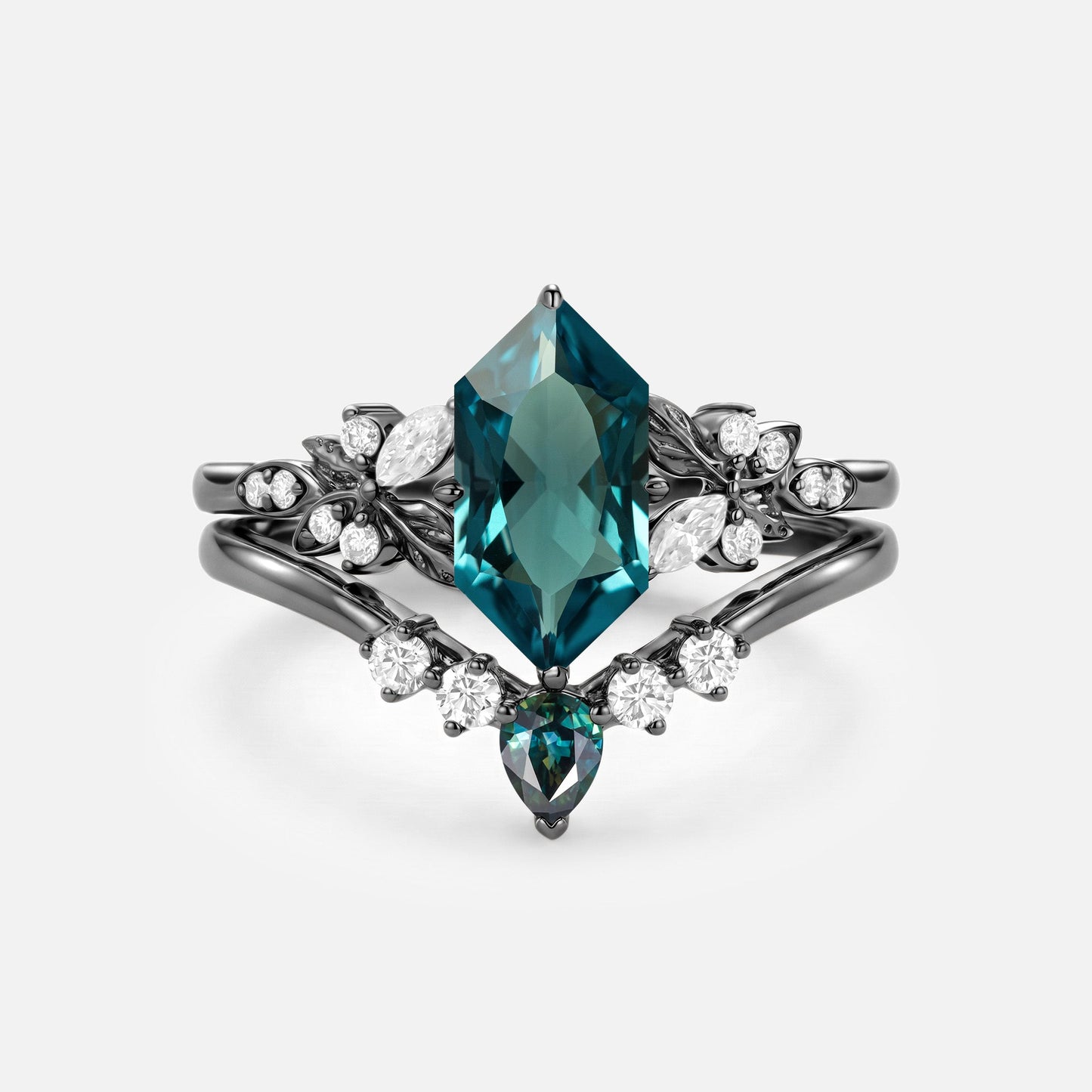 Dutch Marquise Teal Sapphire Leaf Vintage Engagement Ring Sets 2pcs - Peony