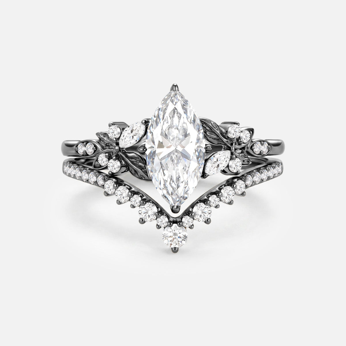 Marquise Cut Lab Grown Diamond Leafy Engagement Ring Sets 2pcs - Peony
