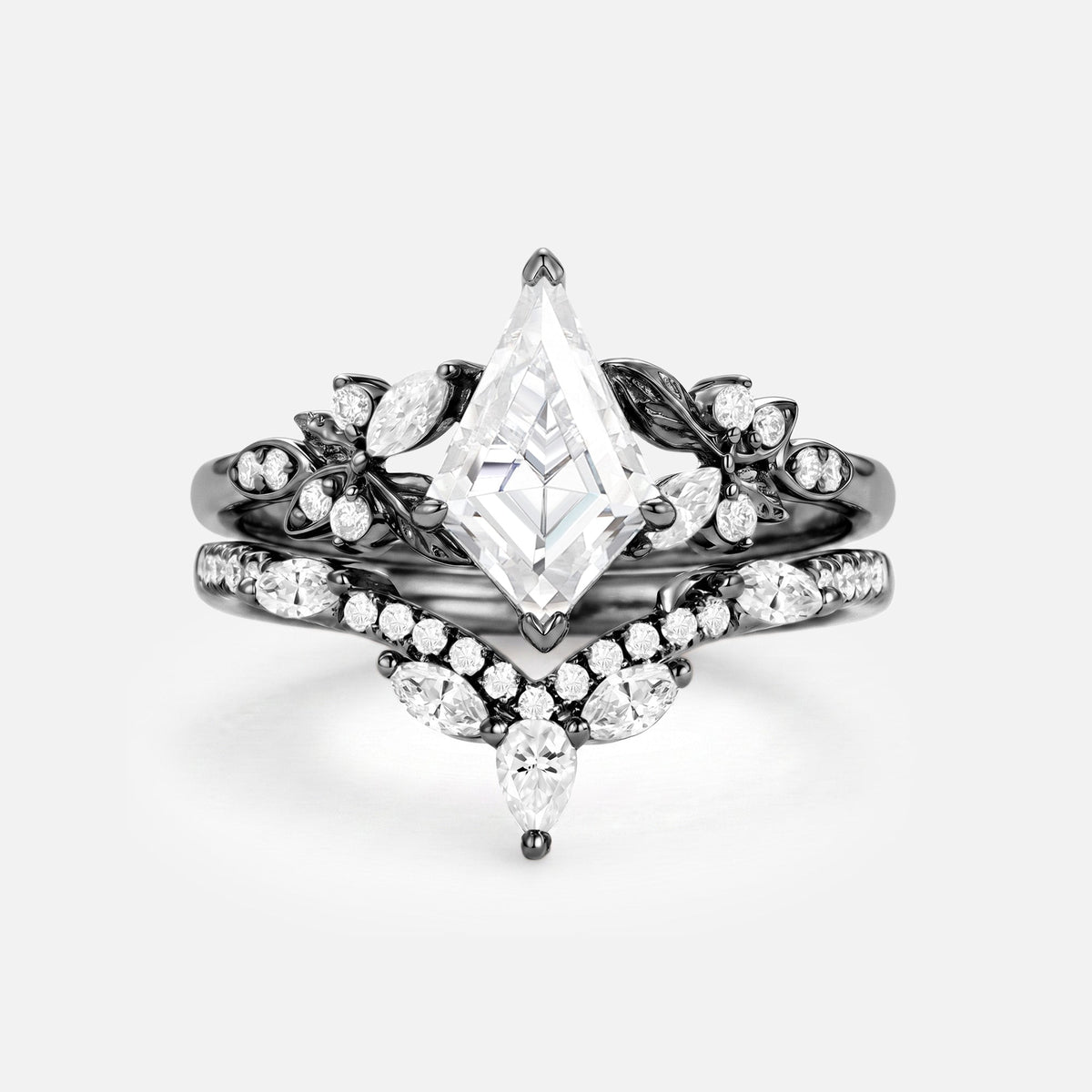 Kite Cut Moissanite Vintage Unique Engagement Ring Sets 2pcs - Peony