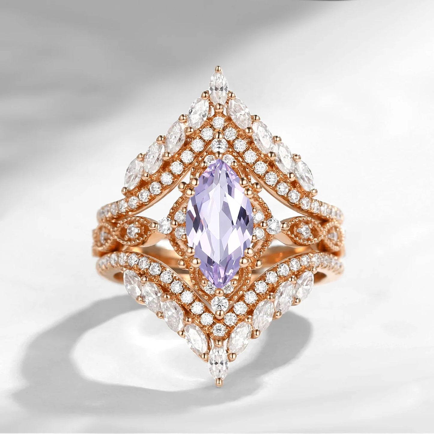 Vintage Inspired - Marquise Lab Lavender Sapphire Cage Ring Set 2pcs
