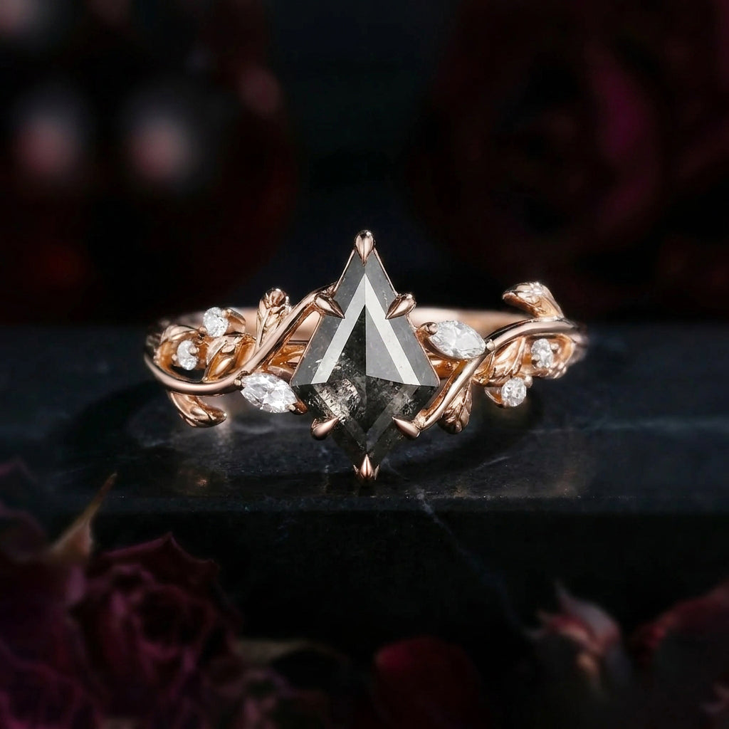 Nature Inspired - Kite Cut Salt & Pepper Diamond Twisted Engagement Ring with Leaf & Vine Inspired Band