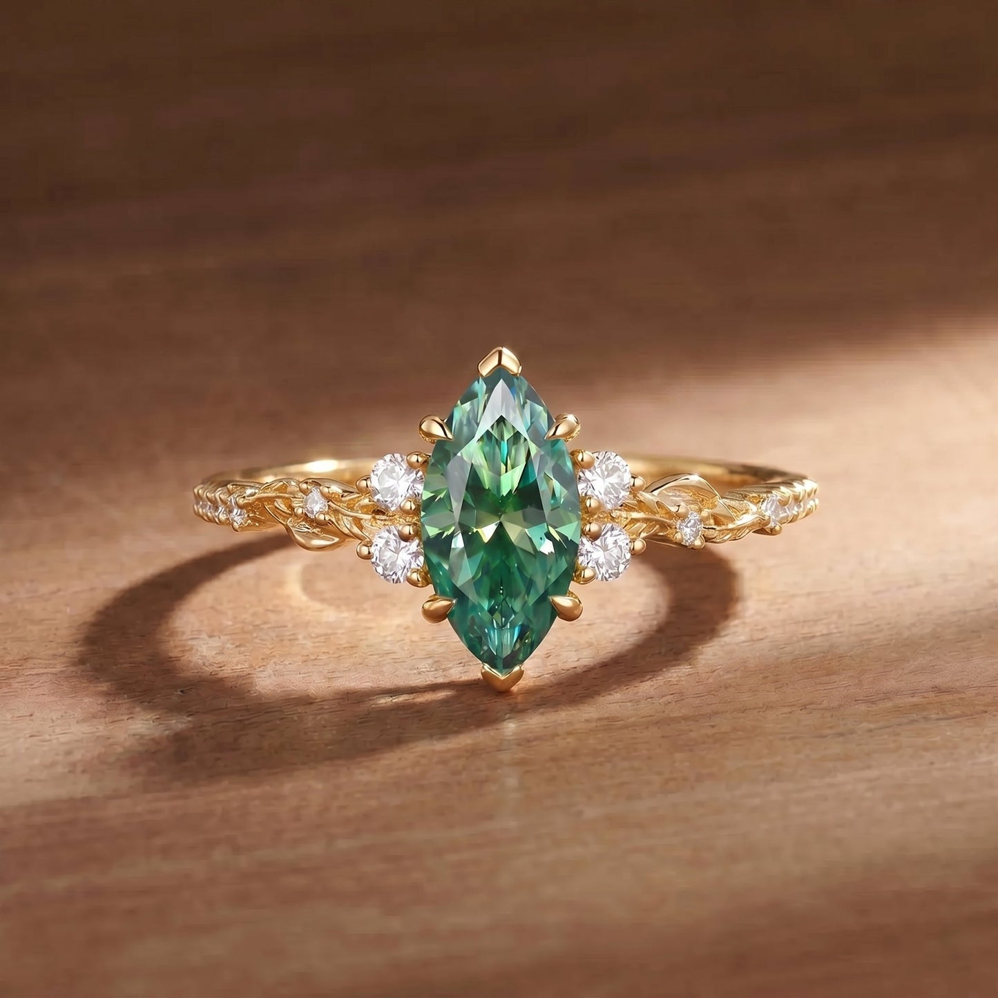 Marquise Cut Green Moissanite Vine Leaf Engagement Ring - Briony
