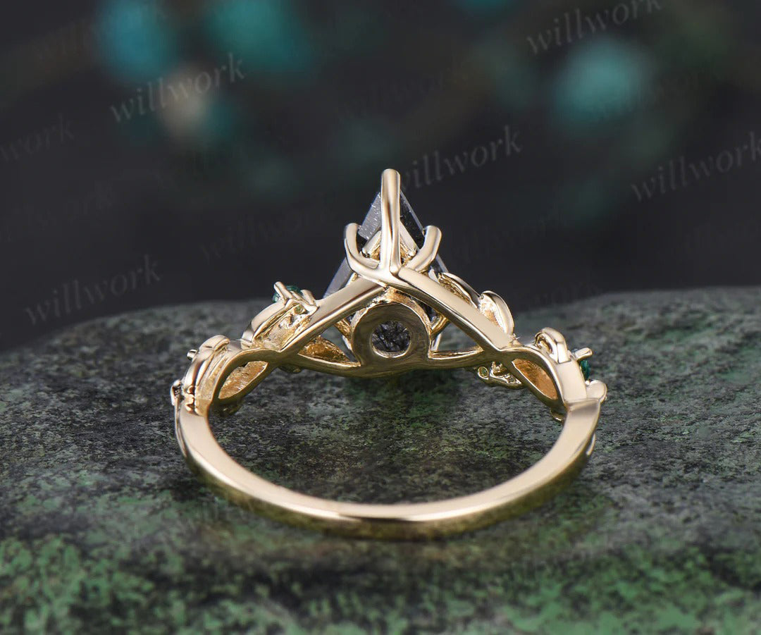 7x10mm Kite Cut Salt and Pepper Diamond Engagement Ring Emerald Leaf Twig Promise Ring Gifts for Her
