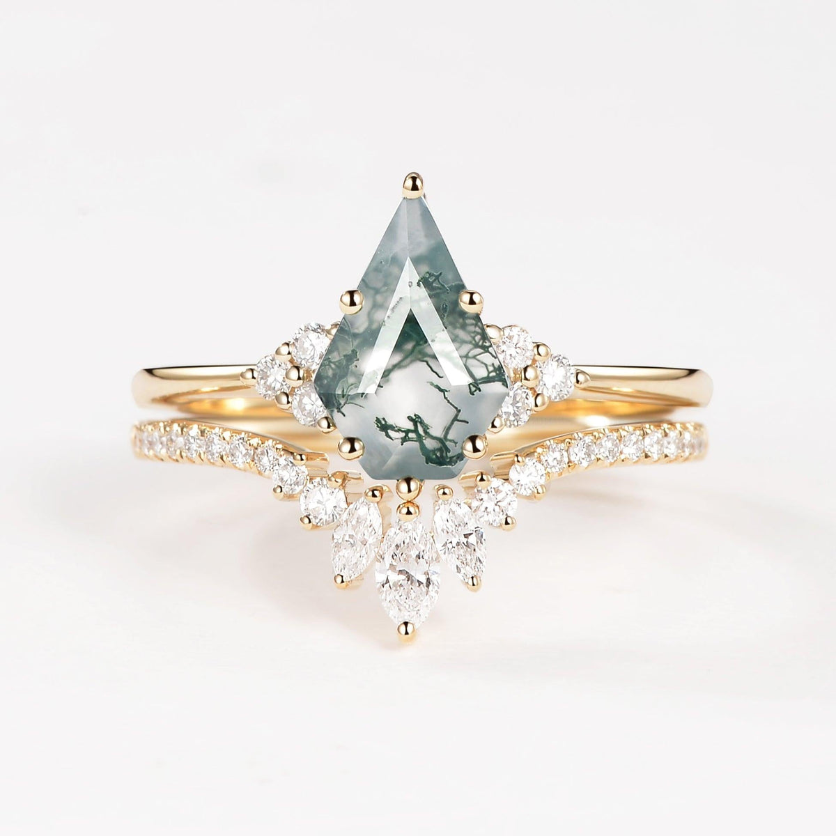 Elara’s Keystone | Pentagon Kite Cut Moss Agate Bridal Set 2pcs