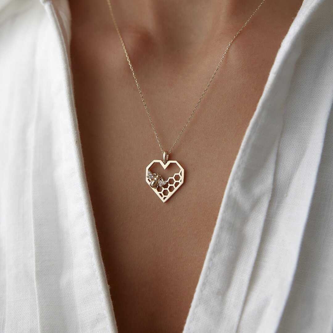14k Gold Heart Honeycomb Bee Necklace