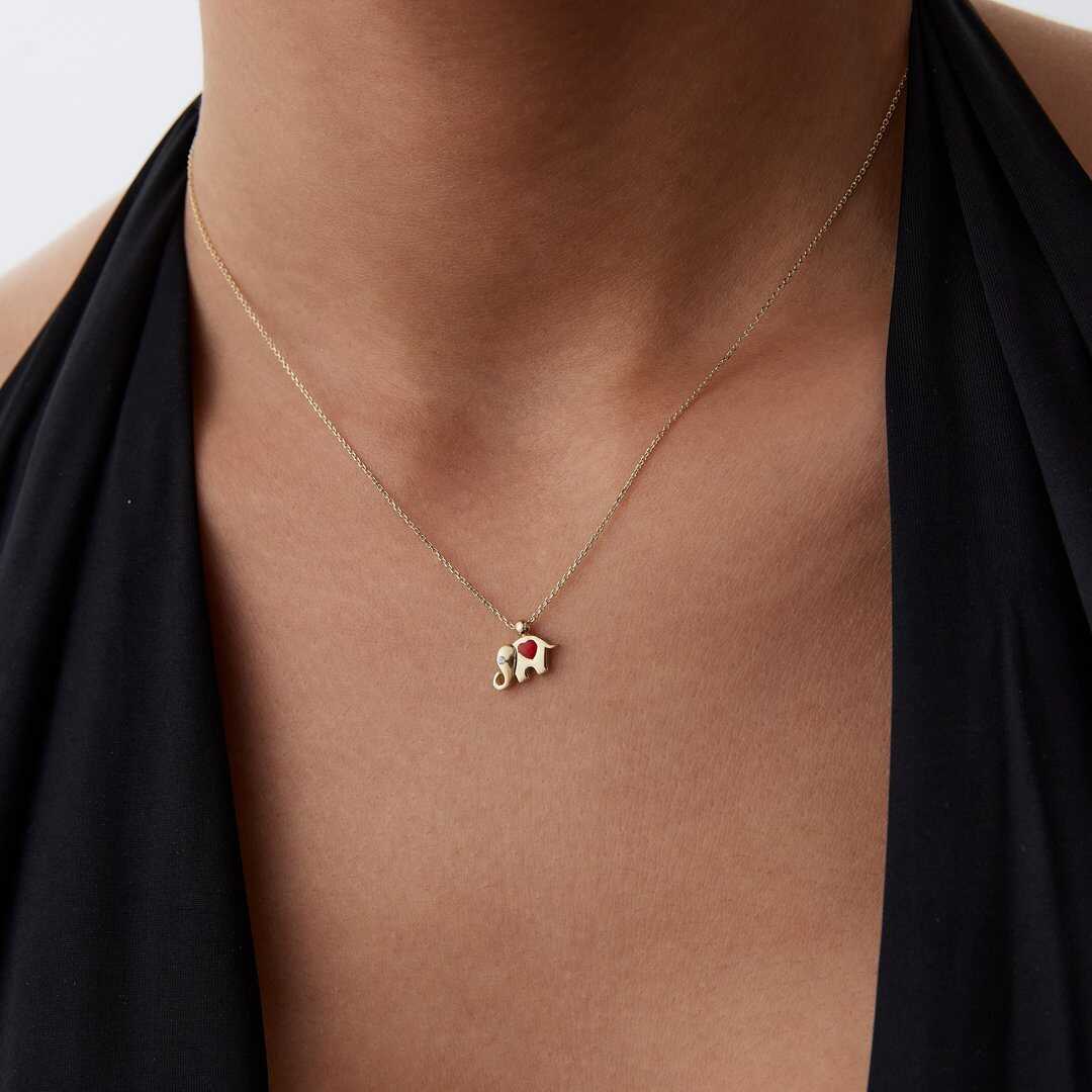 14k Gold Red Heart Enamel Elephant Necklace