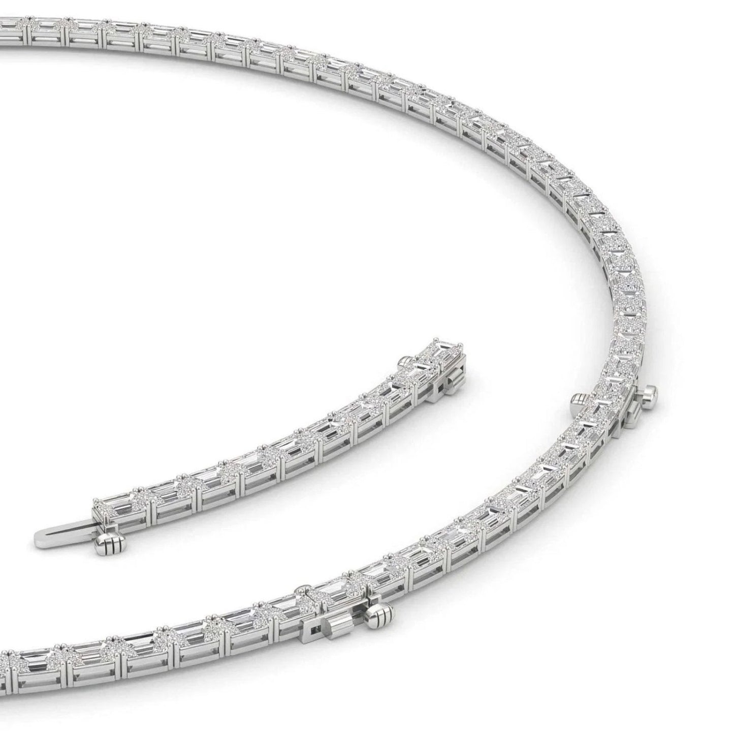 34Ct Emerald Cut Diamond Tennis Necklace Lab Grown 14k White Gold 18"