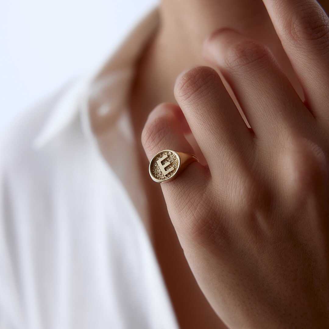 14k Gold Embossed Initial Signet Ring