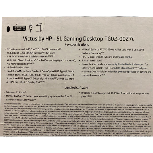 HP Victus 15L, Intel i5-12400F, 16GB RAM, 1 TB SSD, GeForce RTXTM 3050 Graphics