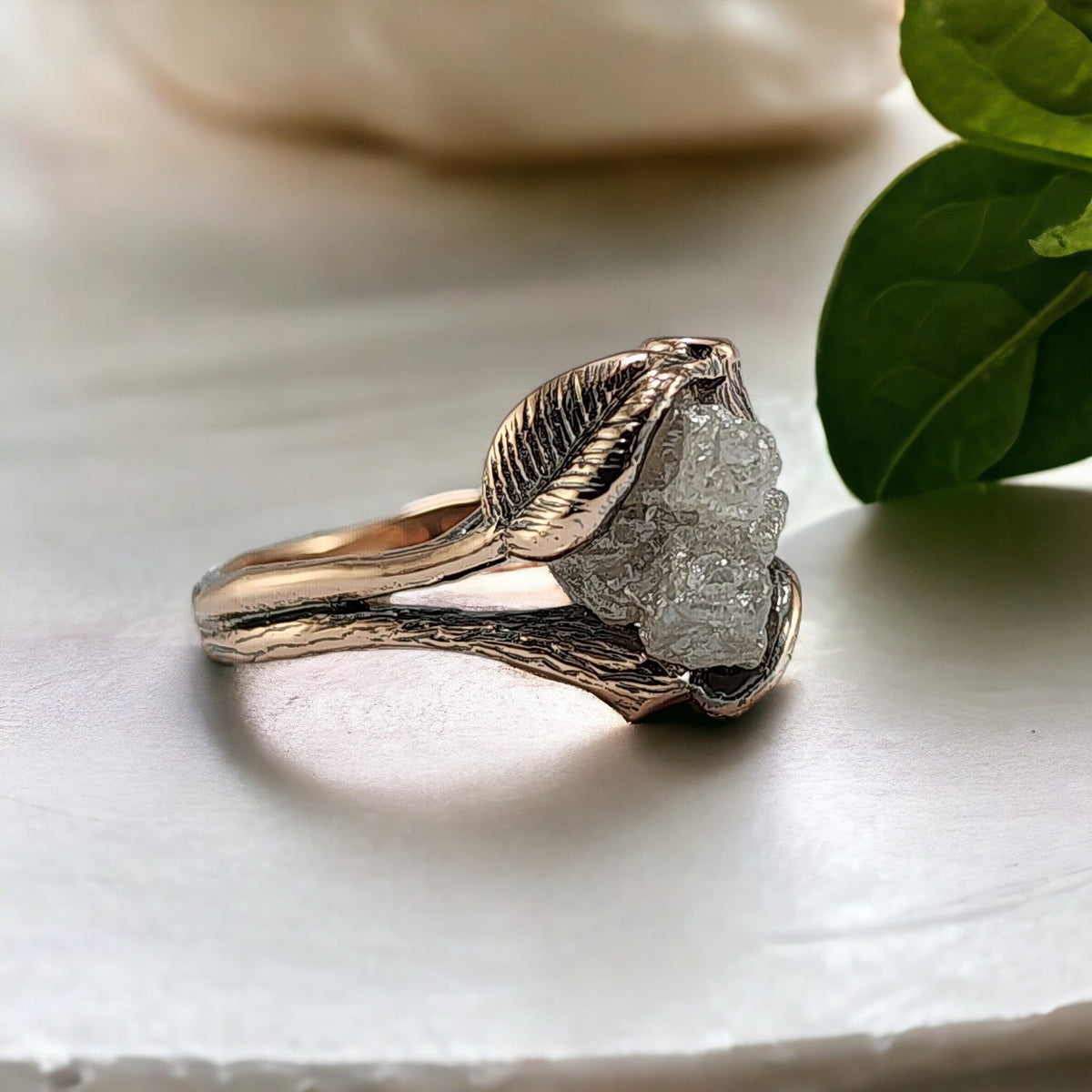 Large Floating Raw Rough Diamond Engagement Ring in 14k Rose Gold, Antiqued Finish