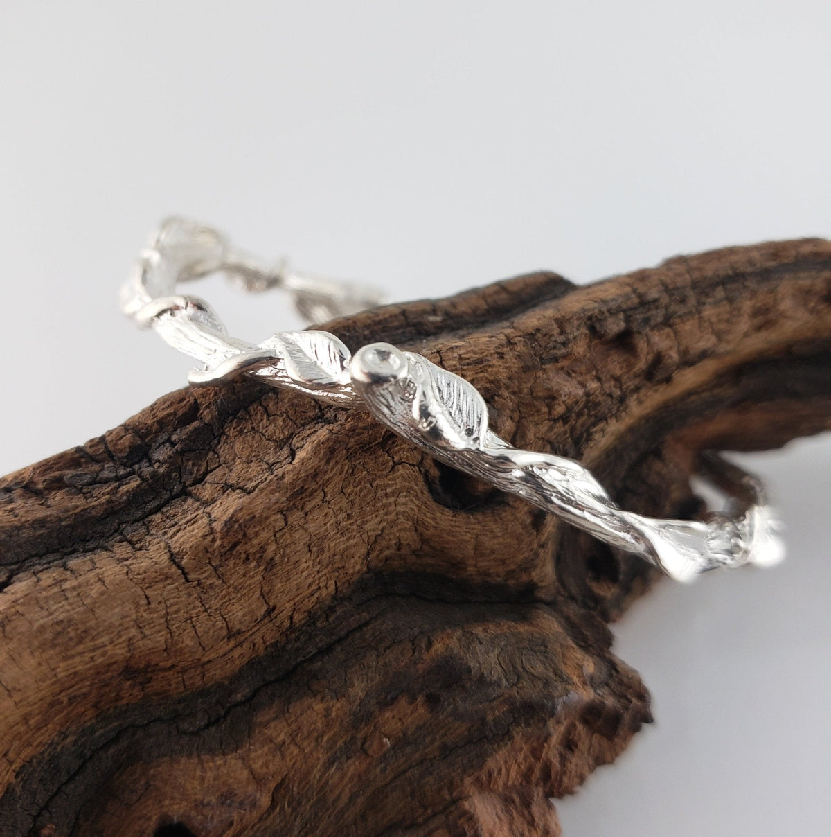 Leaf and Vine Twig Cuff Bracelet in Solid Gold