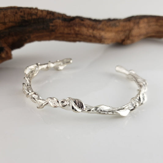 Leaf and Vine Twig Cuff Bracelet in Solid Gold