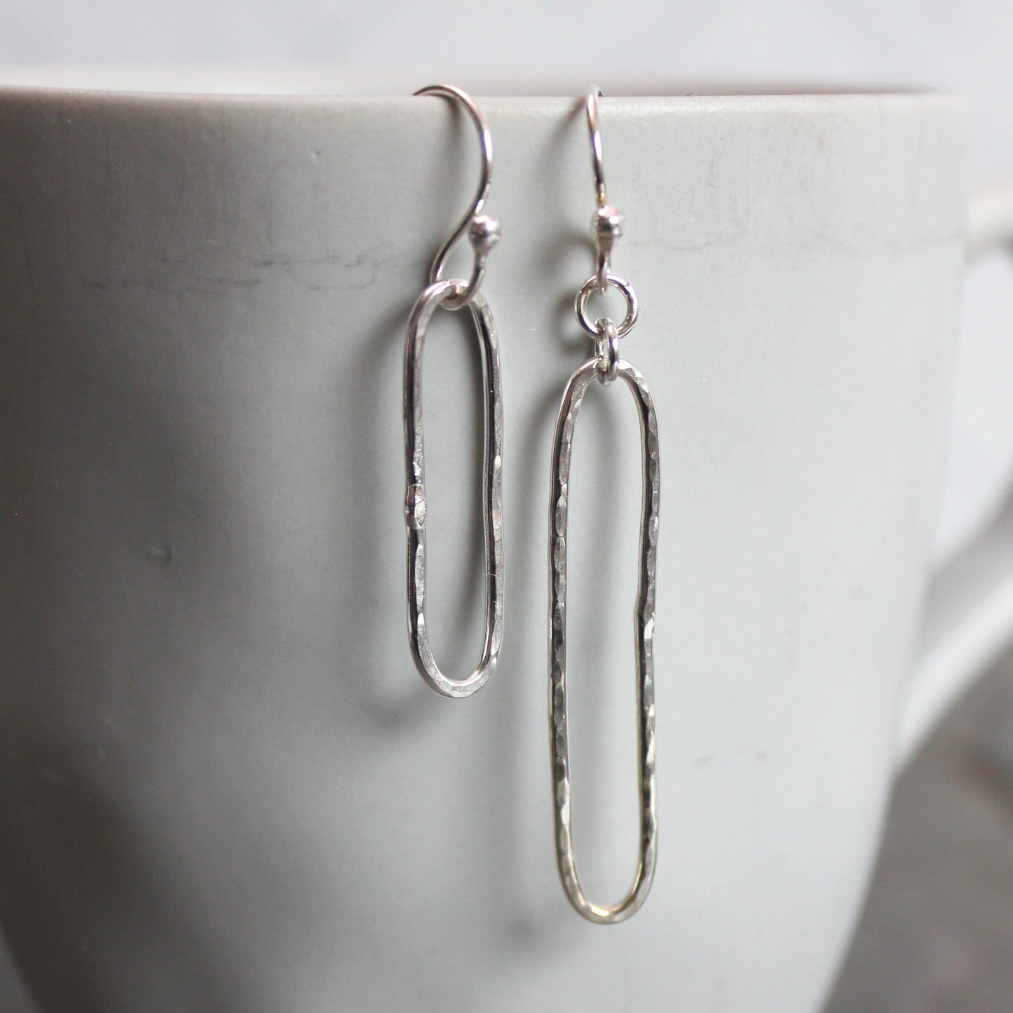 Sterling Silver Small Hammered Dangly Oval Earrings | Handmade Jewelry