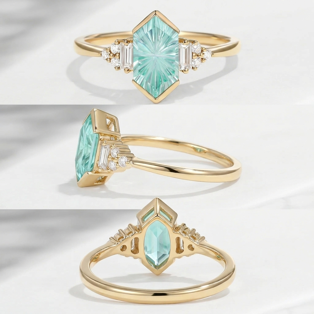 Vintage Inspired – Art Deco Fantasy Cut Long Hexagon Lab Mint Sapphire Cluster Engagement Ring with Bezel Setting