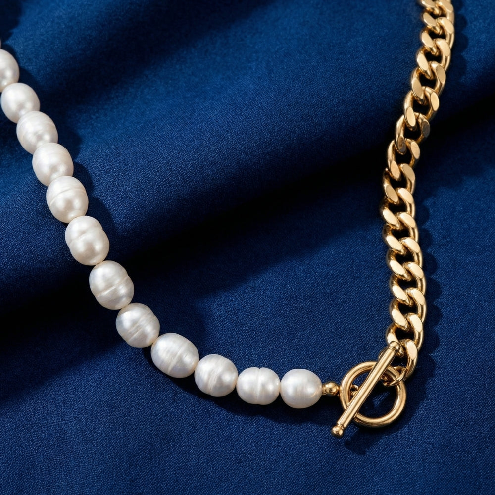 18k Yellow Gold Plated Fresh Water Pearl And Curb Link Necklace 18" Toggle Clasp