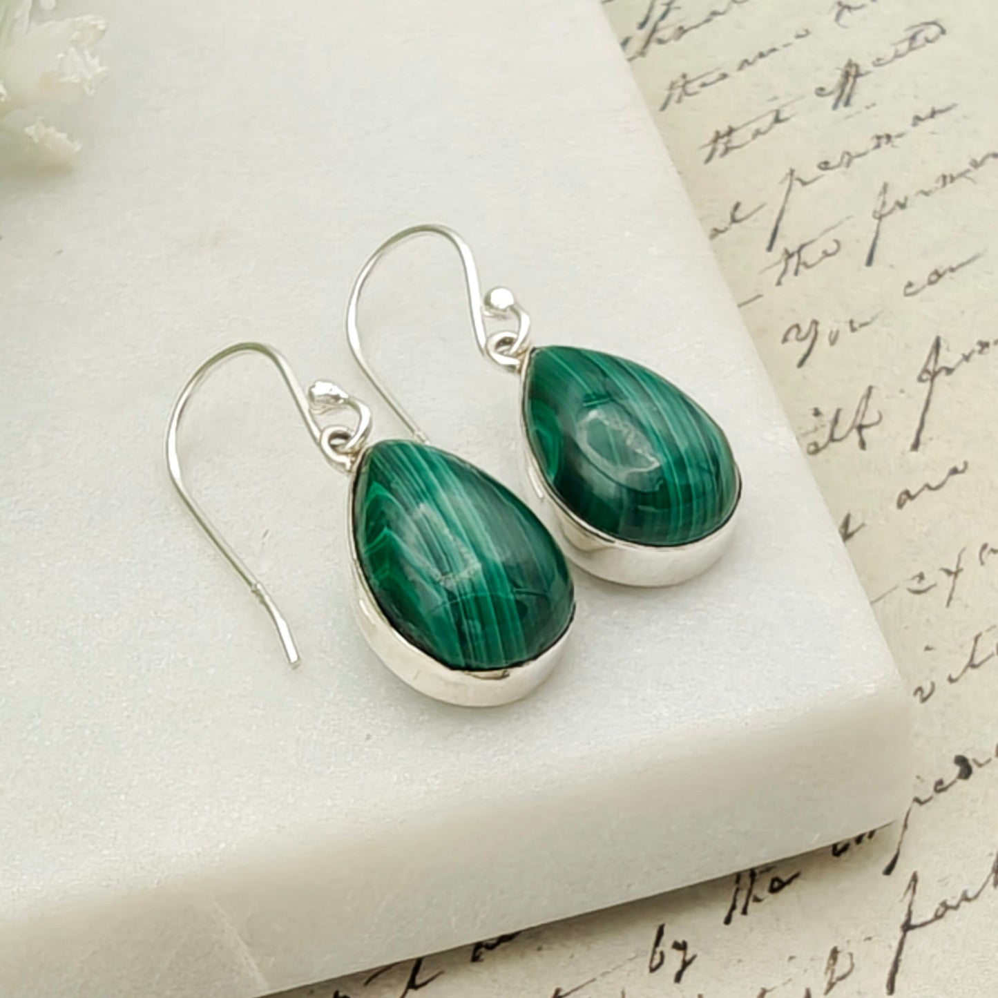 Malachite Earrings in Sterling Silver | 15mm length | Taurus Birthstone