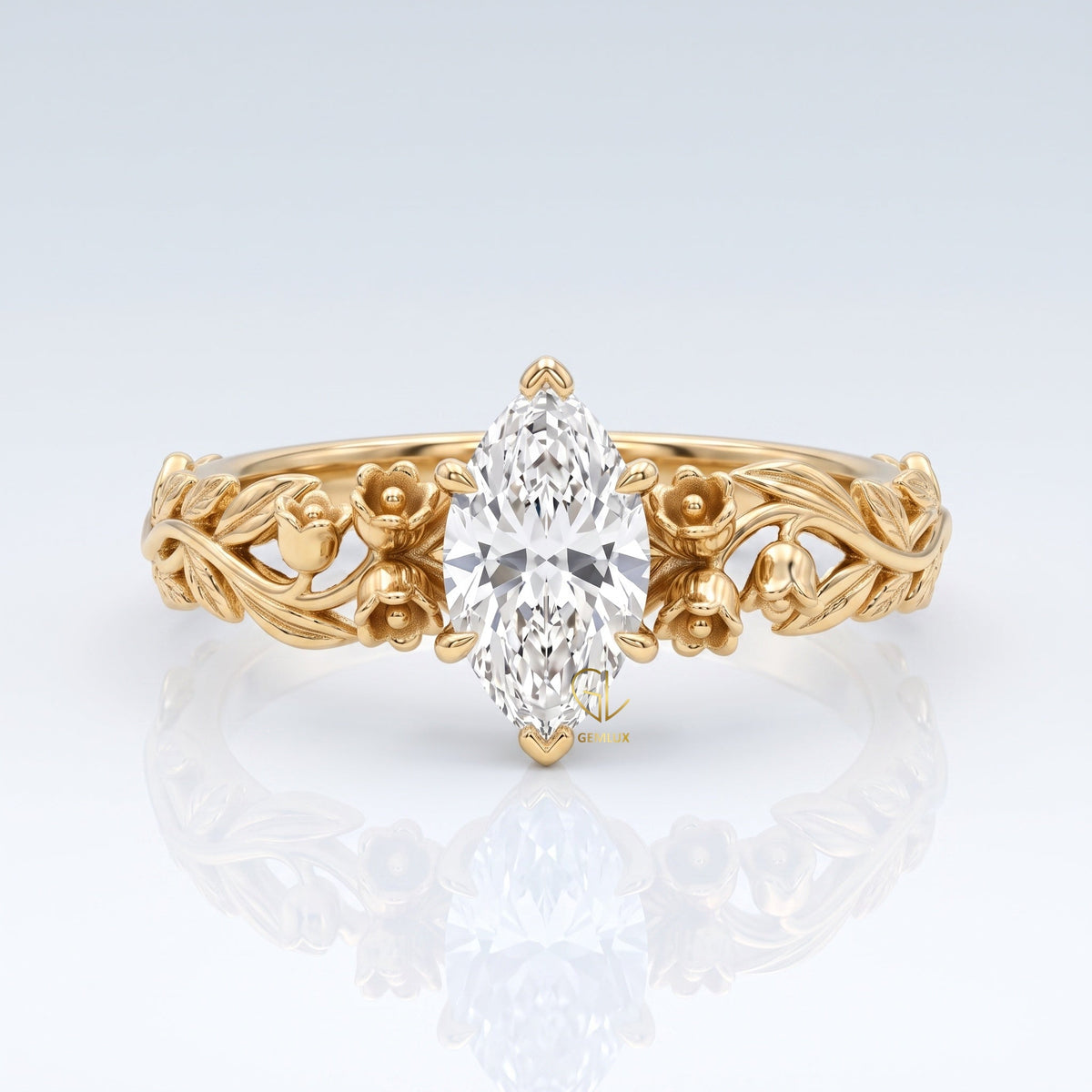 Marquise Cut Lab Grown Diamond Floral Vine Engagement Ring in Solid Gold