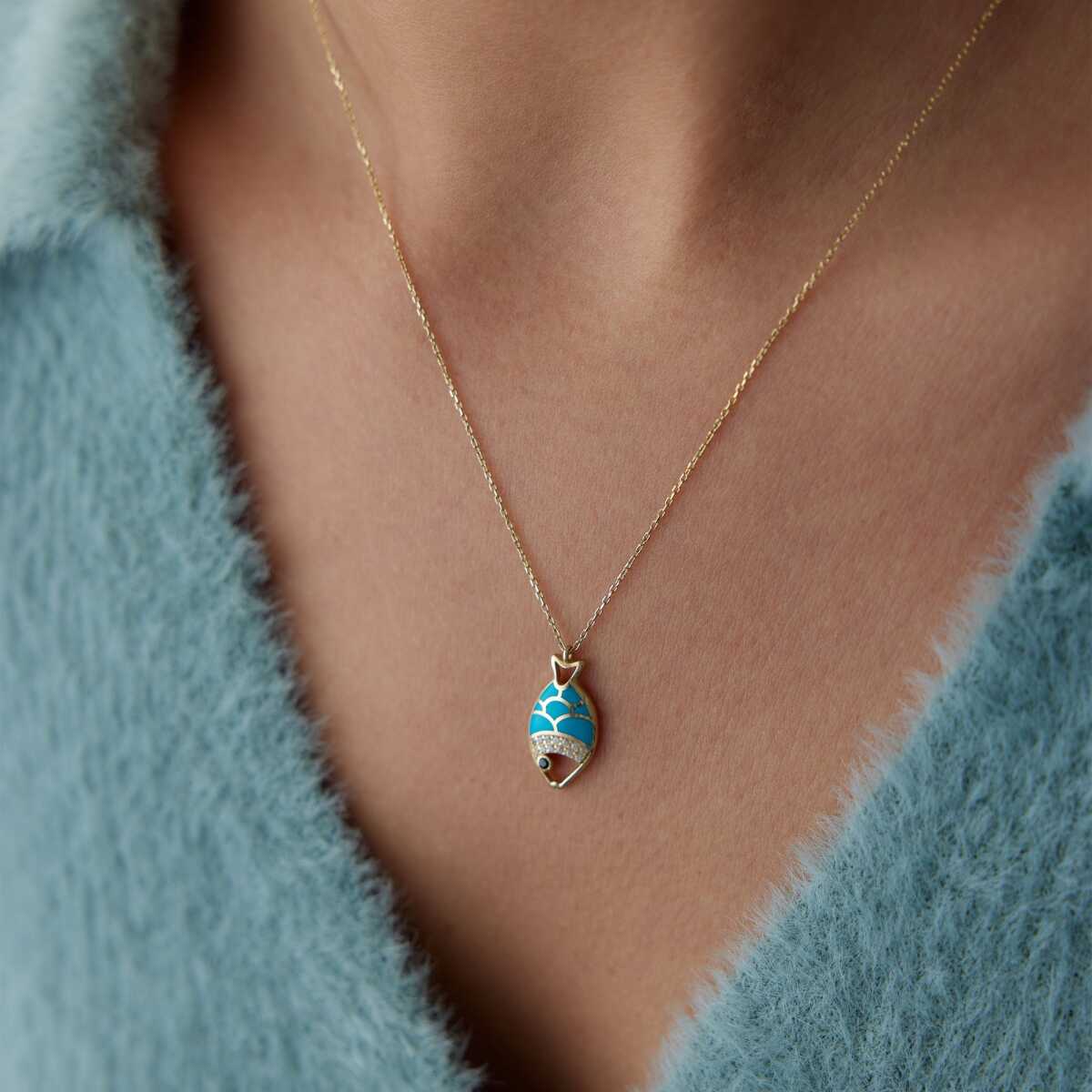 14k Gold Blue Enamel Fish Necklace