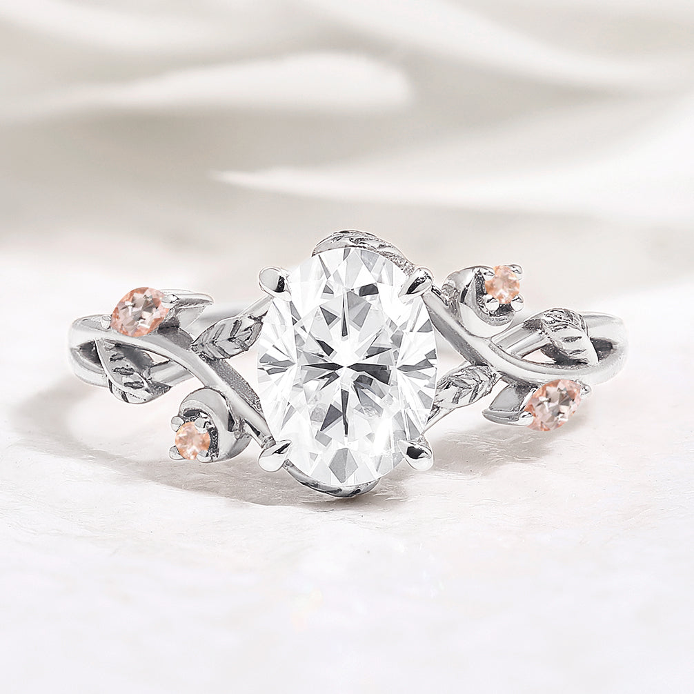 Oval Cut Moissanite Leaf Engagement Ring Morganite Side Stone