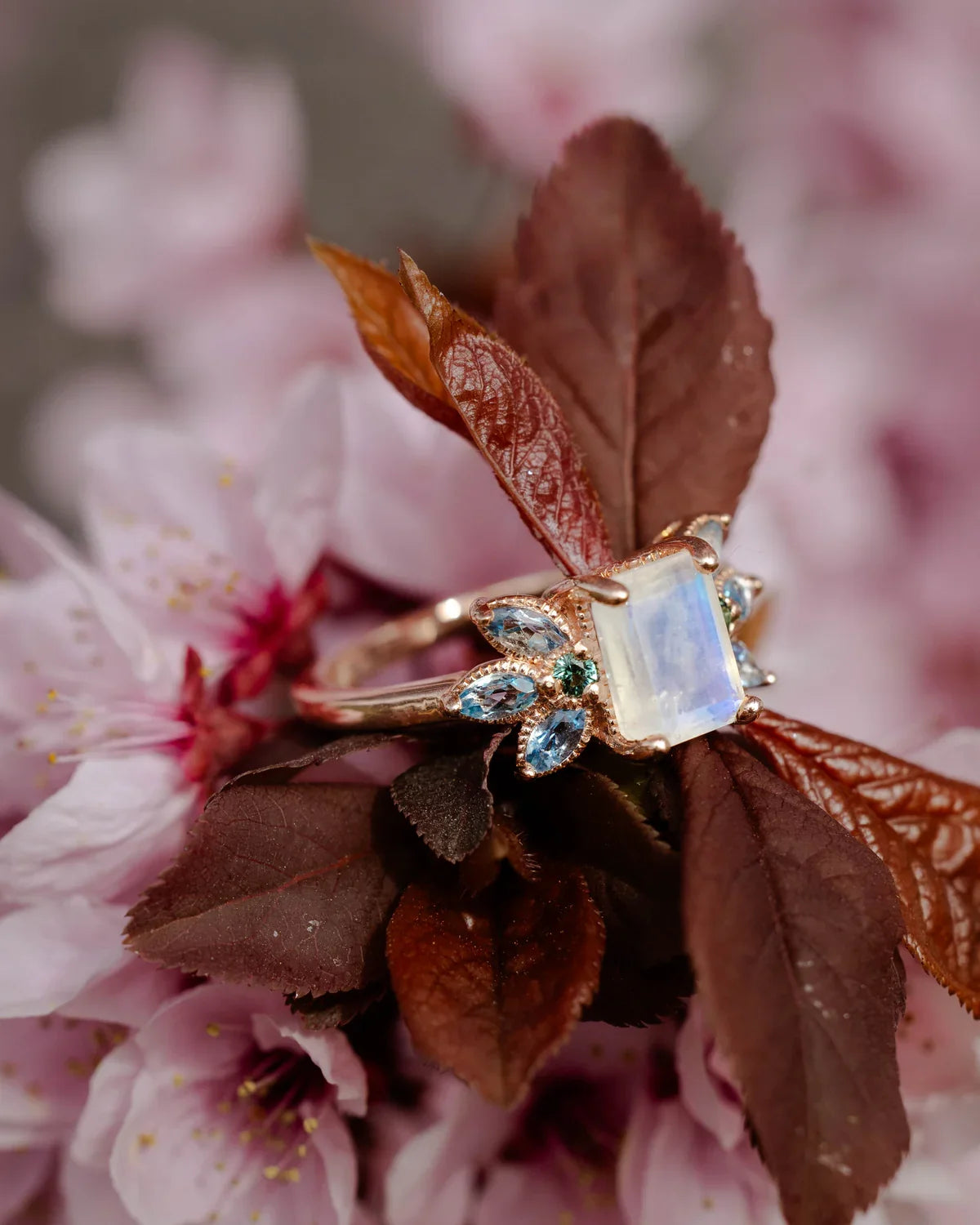 "Moonshadow" - Emerald Cut Moonstone Engagement Ring With Green Tourmaline & Aquamarine Accents - 14K Rose Gold - Size 7 1/4
