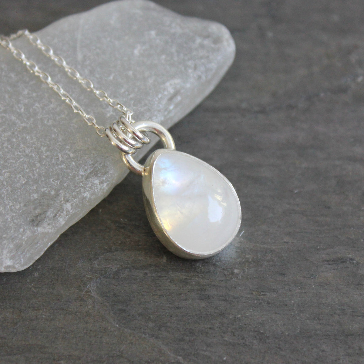 Rainbow Moonstone Teardrop Pendant Necklace | June Birthstone Handmade Jewelry