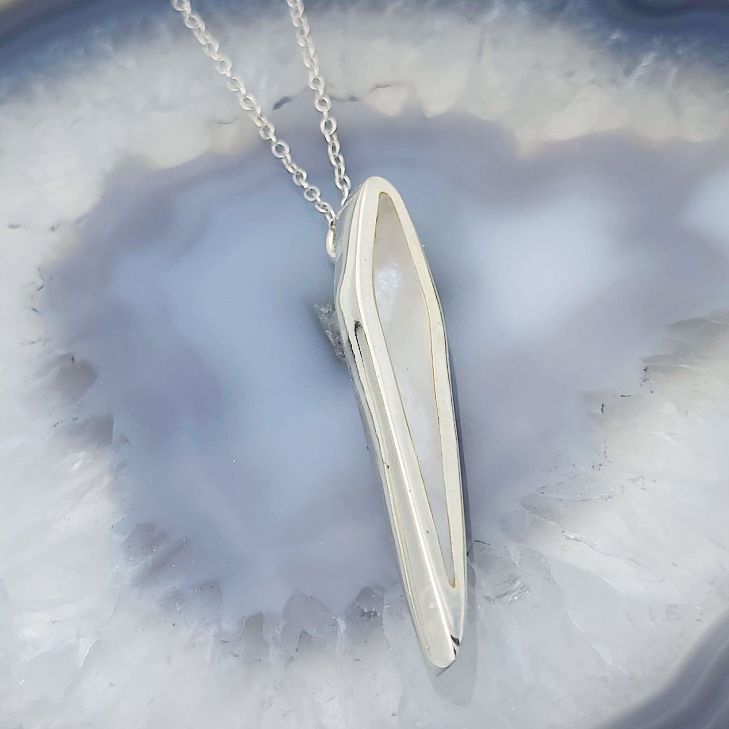 Mother of Pearl Art Deco Pendant | 40mm | June Birthday | Sterling Silver