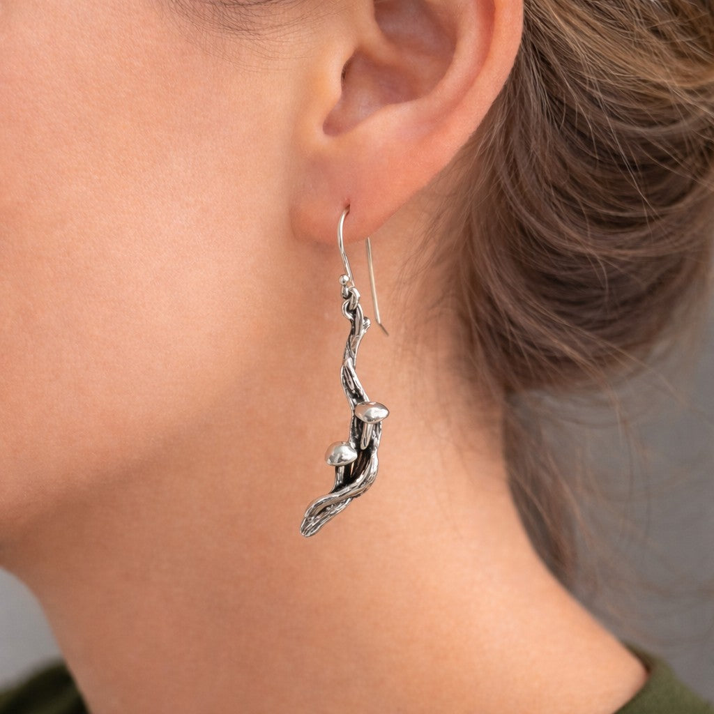 Sterling Silver Mushroom Handmade Twig and Branch Style Earrings