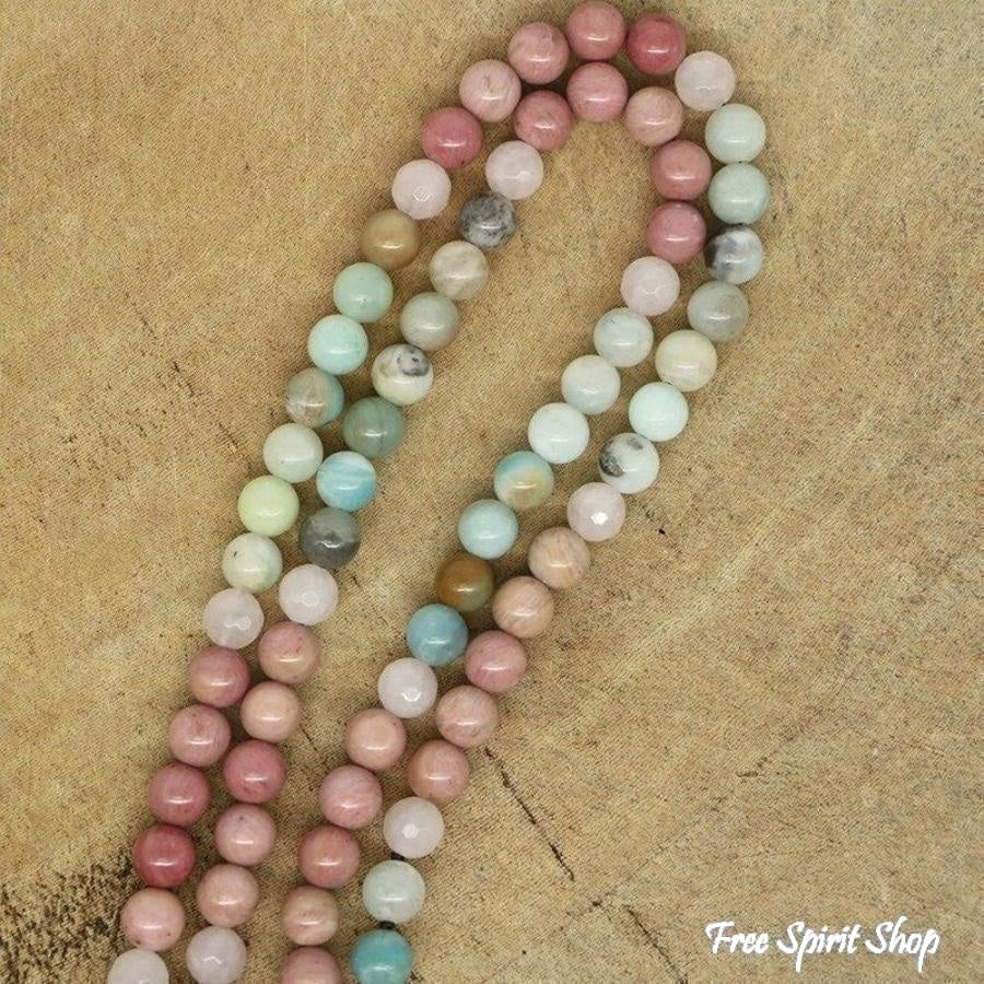 Natural Amazonite Rose Quartz & Rhodonite Necklace With Cross Pendant