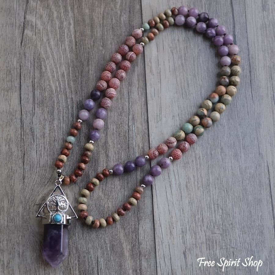Natural Amethyst & Jasper Tree Of Life Bead Necklace