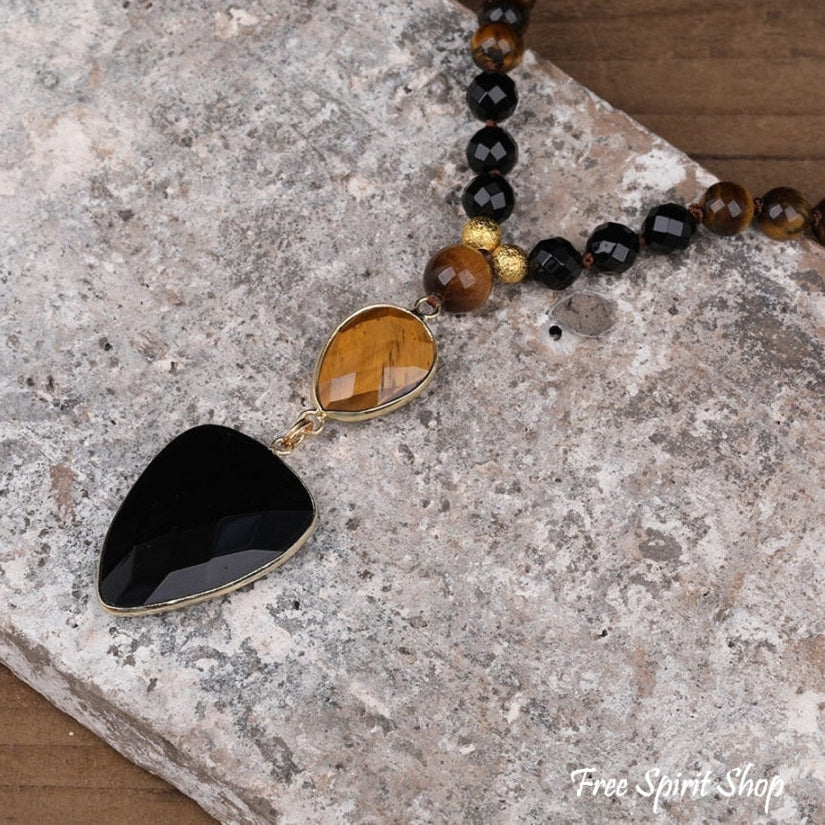 Natural Tiger Eye & Black Onyx Gemstone Bead Necklace