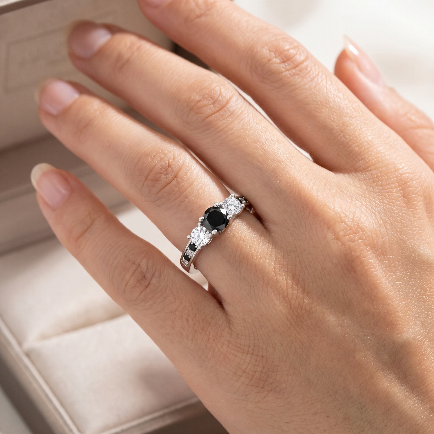 1 1/4CT Black & White Diamond Engagement 3-Stone Ring 10K White Gold