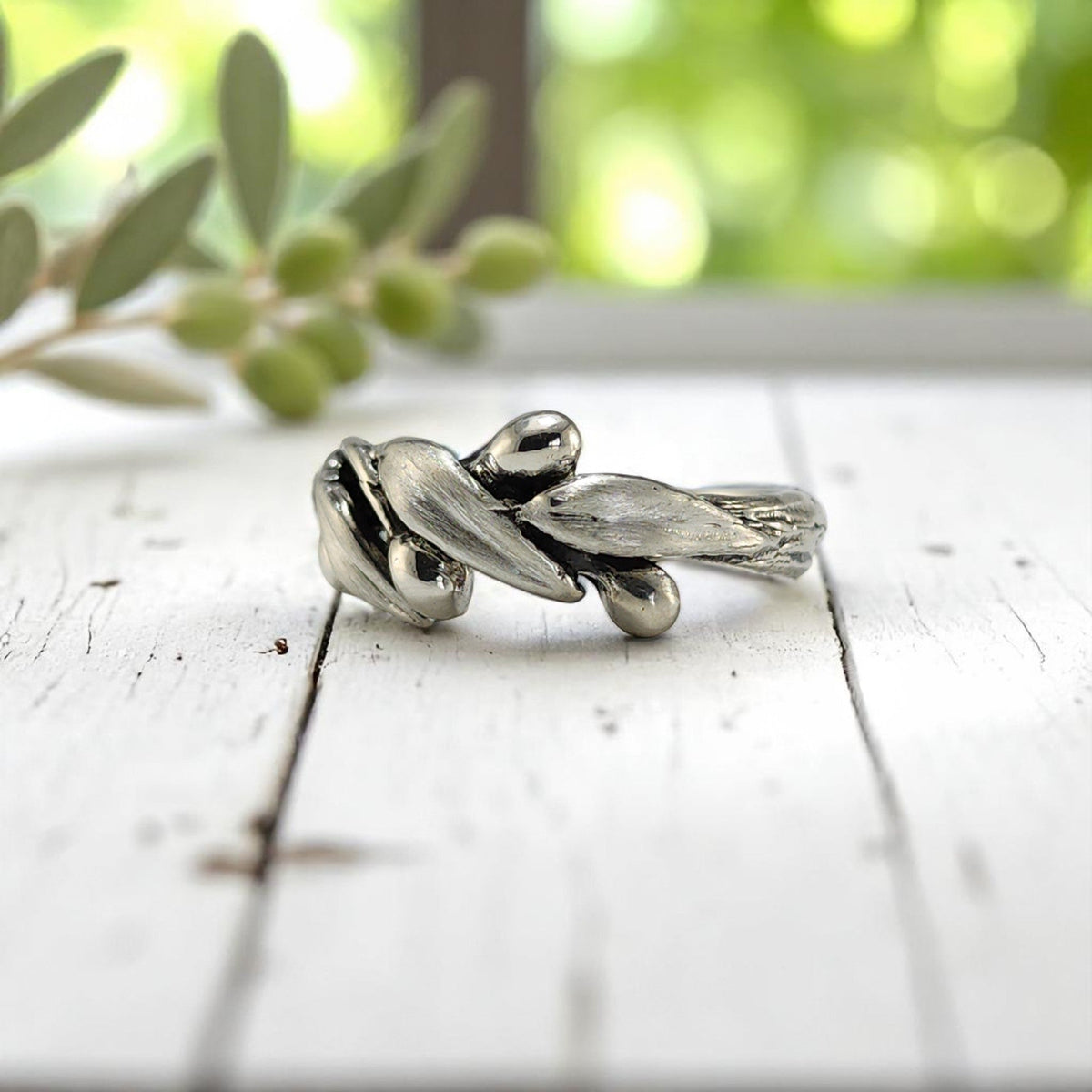Olive Branch Leaf Statement Ring, Satin and Polished Finish