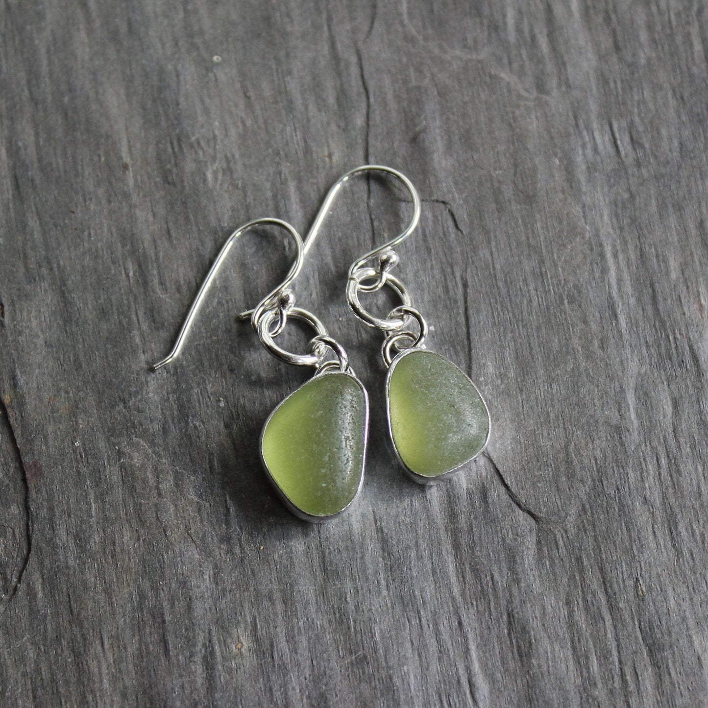 Olive Green Dangly Sea Glass Earrings | Handmade | Sterling Silver