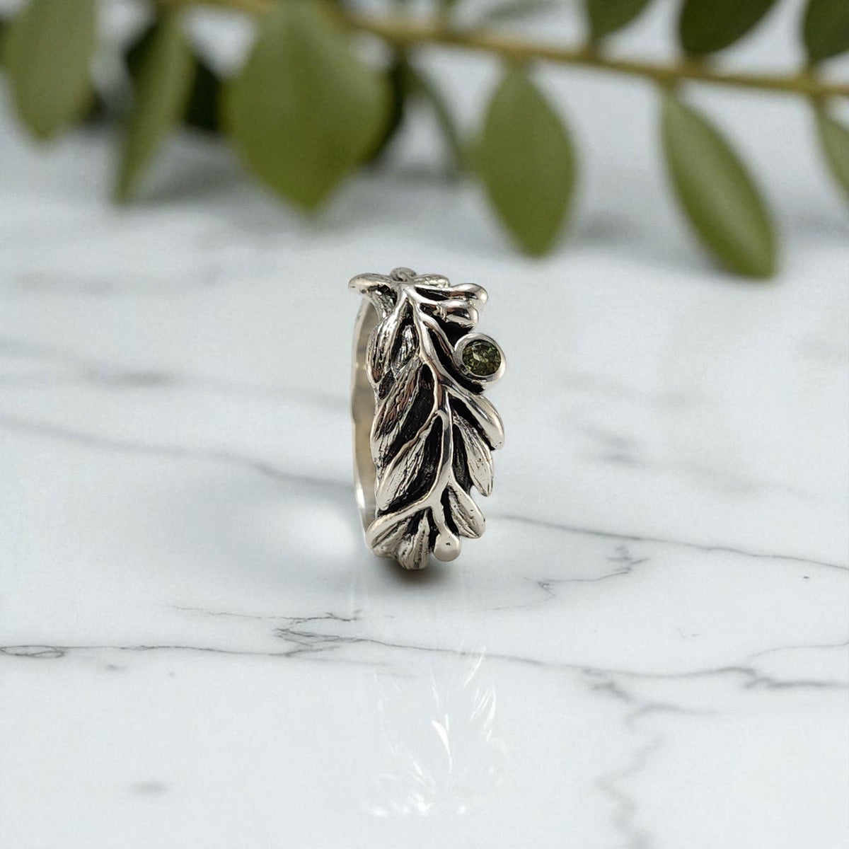 Olive Branch Ring with Round Peridot