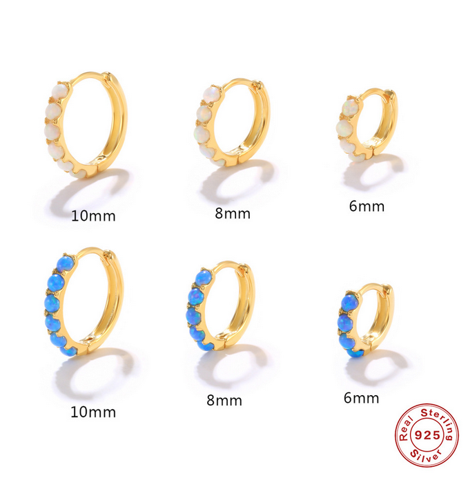Round Blue & White Opal Huggie Hoop Earrings - 925 Sterling Silver Hypoallergenic Huggies
