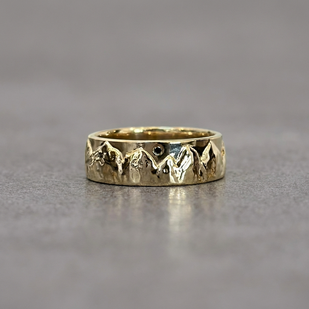 7mm Mountain Mens Wedding Ring with Black Diamond, Comfort Fit
