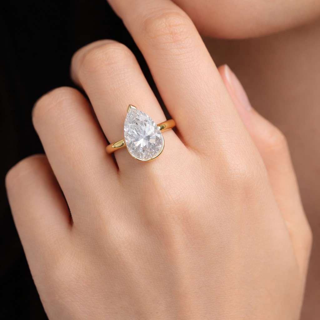 Pear Cut Half Bezel Set Lab Grown Diamond Engagement Ring in 14K Gold