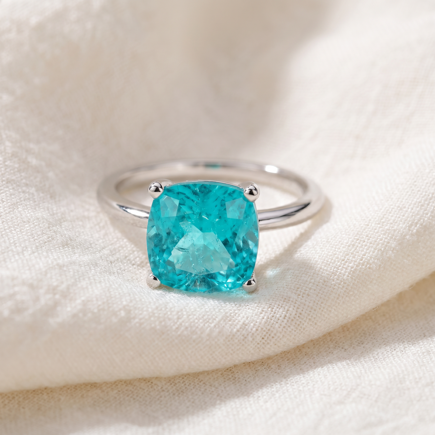 6 1/2Ct Cushion Paraíba Solitaire Ring 14k Gold Lab Grown 10MM