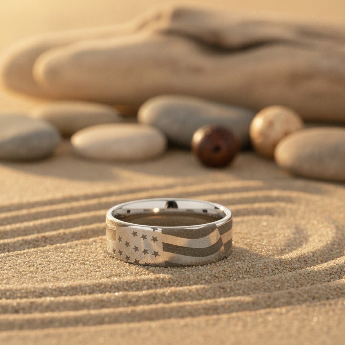 PATRIOT | U.S. Flag Engraved Tungsten Ring, Flat Pipe Cut