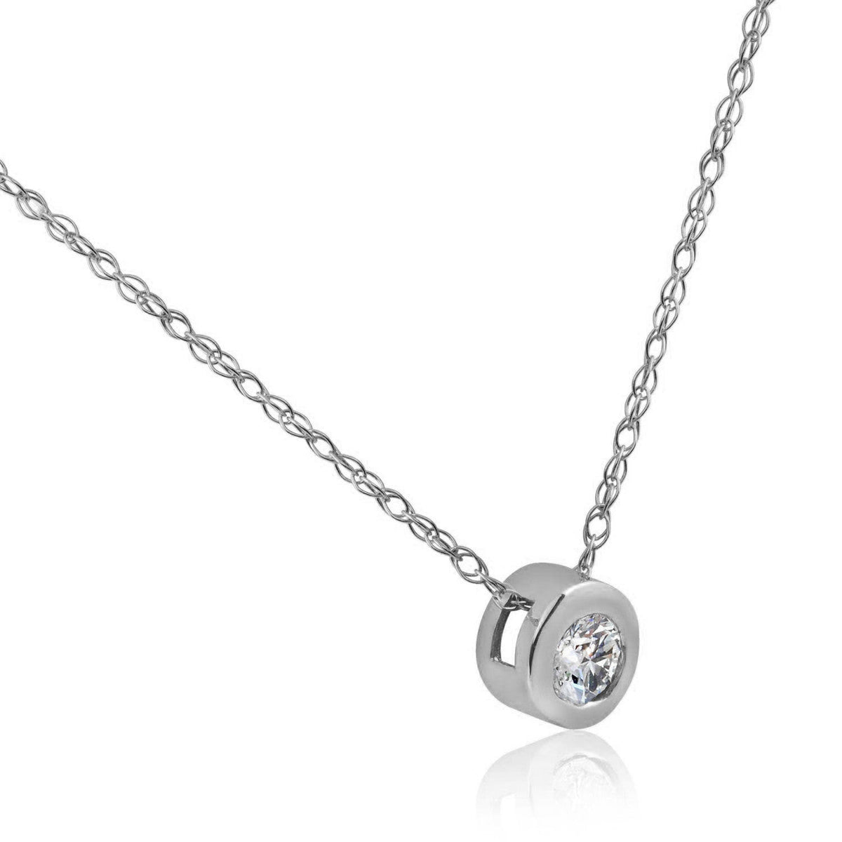 1/4Ct Natural Diamond Bezel Solitaire Pendant 14k White Gold 18" Necklace
