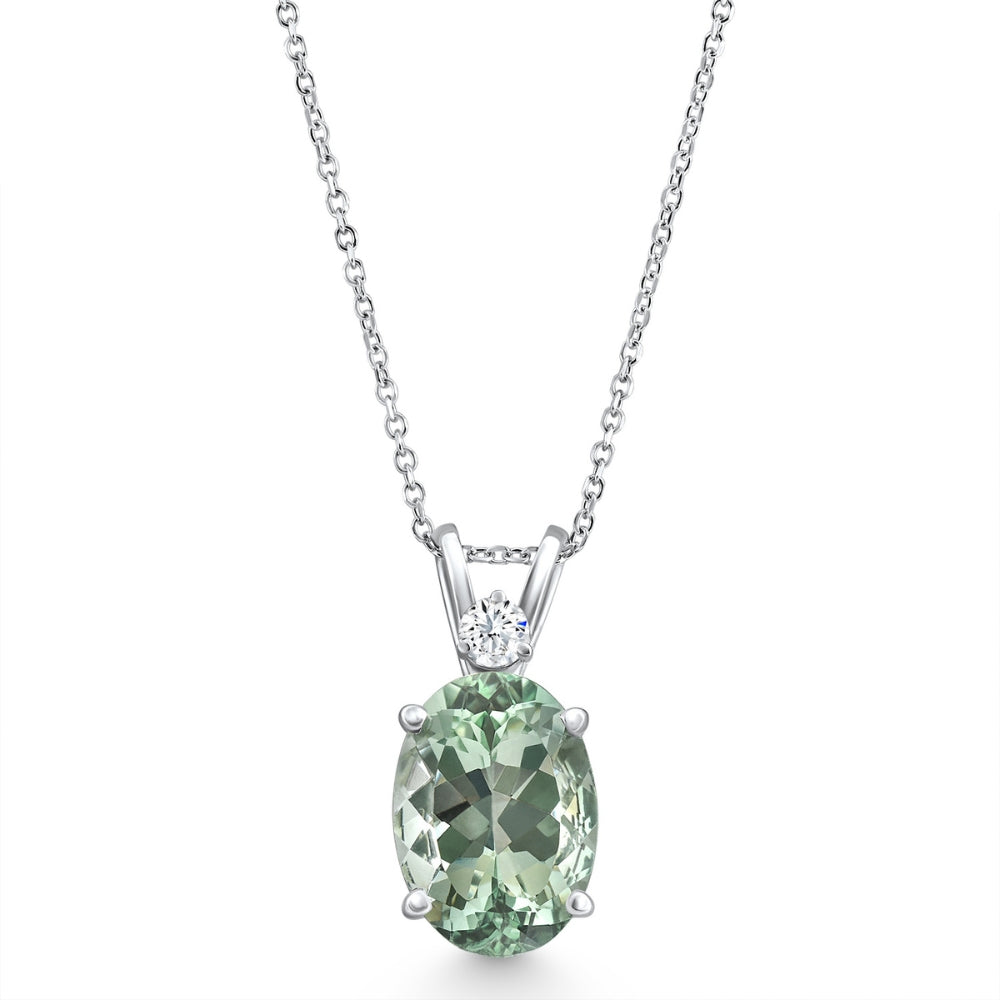 Oval Green Amethyst Diamond Pendant Women's Necklace 18" White Gold