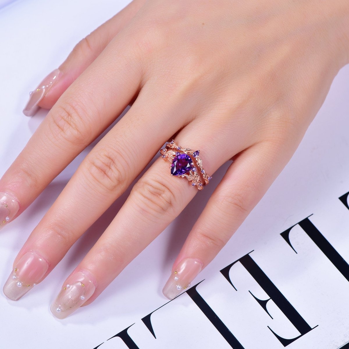 Pear Amethyst Vine Ring Art Deco Bridal Set 14K Gold