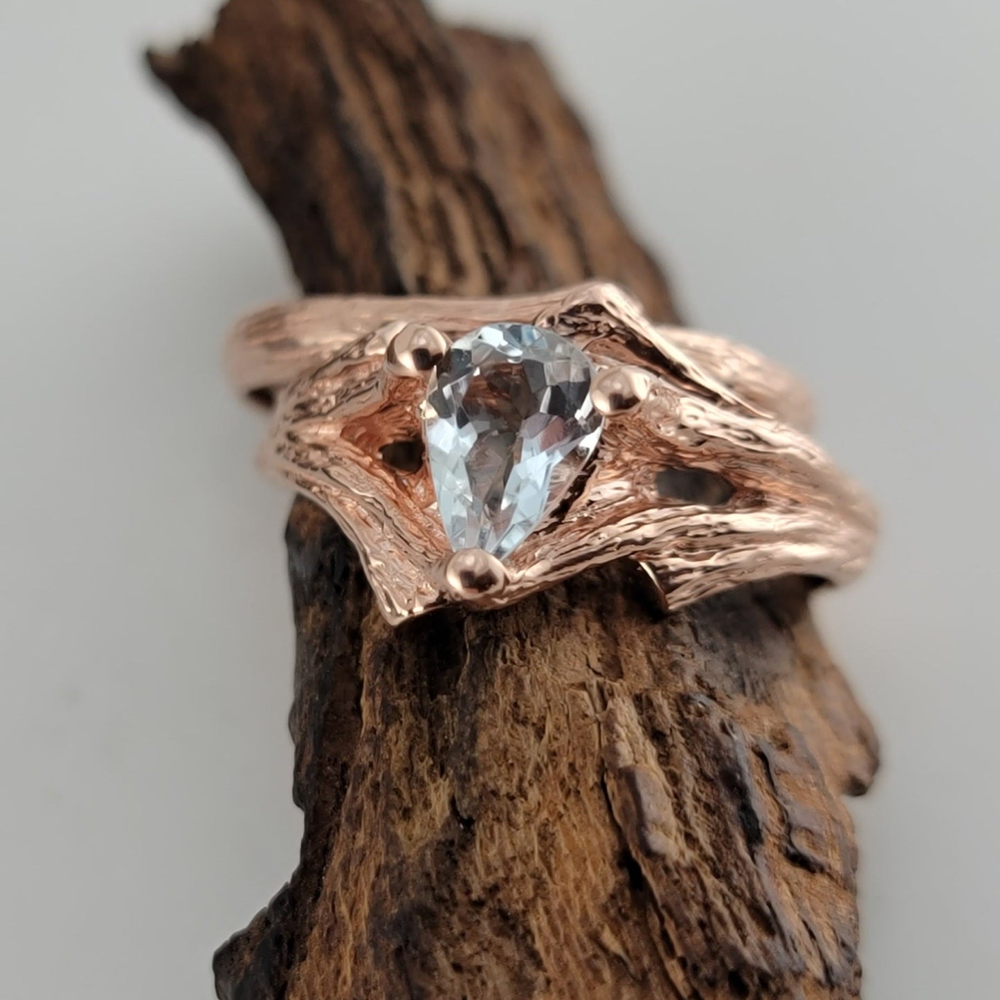Pear Shaped Aquamarine Twig Engagement Ring or Wedding Set